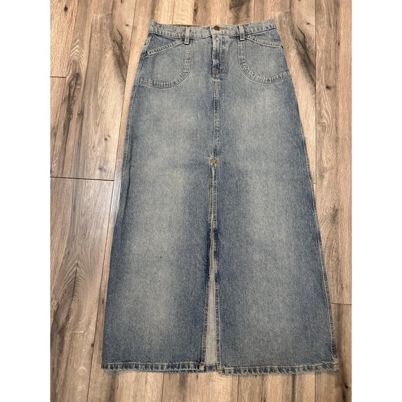 Polo Ralph Lauren Denim Maxi Skirt 6 Front Slit Blue Vintage Round Patch Pocket - Picture 1 of 12